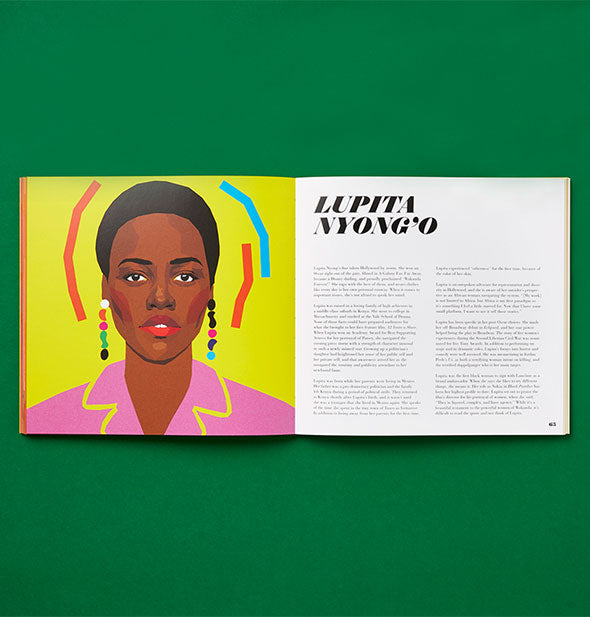 Page spread of Icons: 50 Heroines Who Shaped Contemporary Culture with illustrated portrait of Lupita Nyong'o