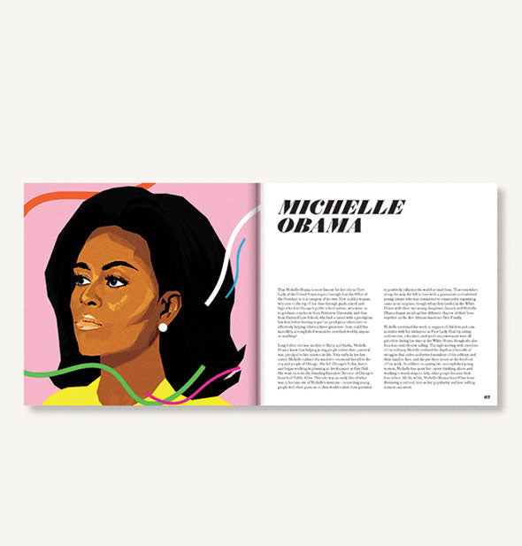 Page spread of Icons: 50 Heroines Who Shaped Contemporary Culture with illustrated portrait of Michelle Obama