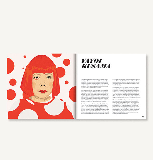 Page spread of Icons: 50 Heroines Who Shaped Contemporary Culture with illustrated portrait of Yayoi Kusama