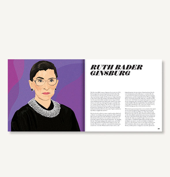 Page spread of Icons: 50 Heroines Who Shaped Contemporary Culture with illustrated portrait of Ruth Bader Ginsburg