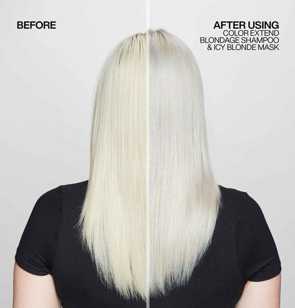 Light blonde hair before and after using Redken Color Extend Blondage Shampoo & Icy Blonde Mask