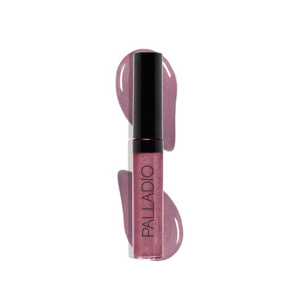 Palladio lip gloss tube in a cool beige-purple shade with color swatch behind