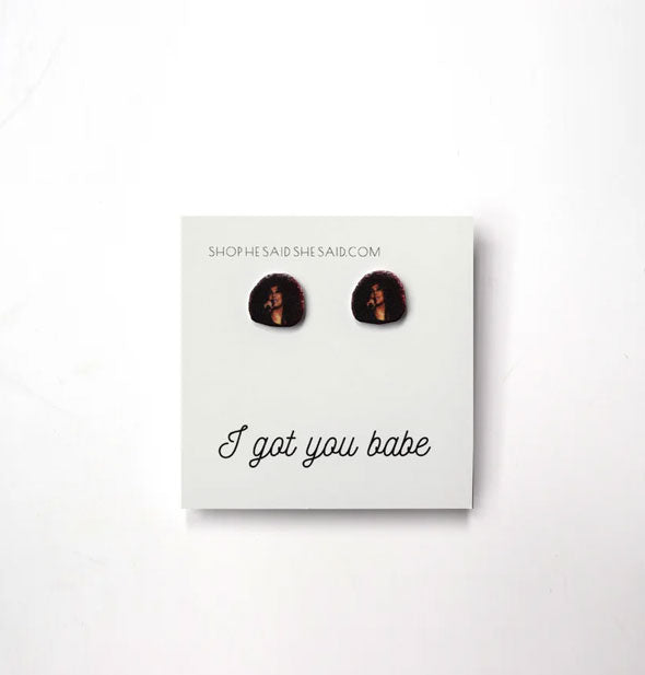 Pair of earrings depicting Cher with big hair on card that says, "I got you babe"