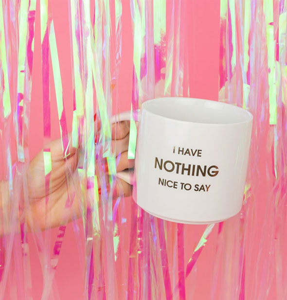 A hand holding the I Have Nothing Nice to Say mug emerges through iridescent streamers