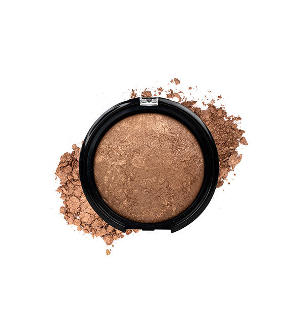 Bronzer compact with crushed product in a warm brown shade with slight iridescence