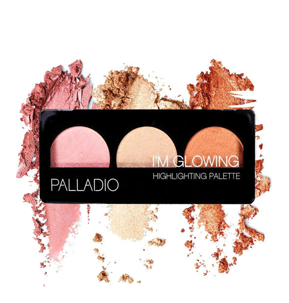 Three-shade I'm Glowing Highlighting Palette by Palladio with crushed product sample underneath it