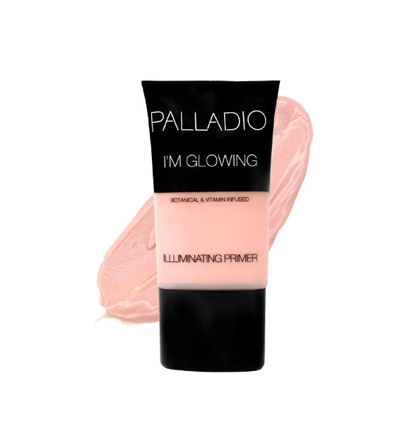 Tube of Palladio I'm Glowing Illuminating Primer with product sample swatch behind