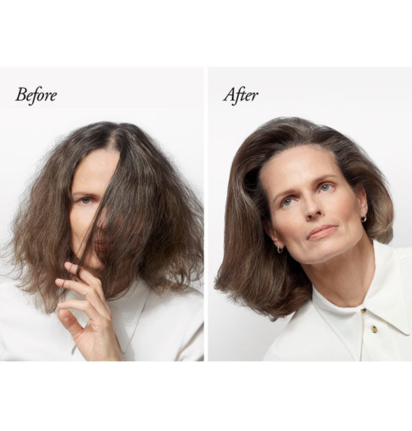 Hair before and after styling with Oribe Imperial Blowout Transformative Styling Crème