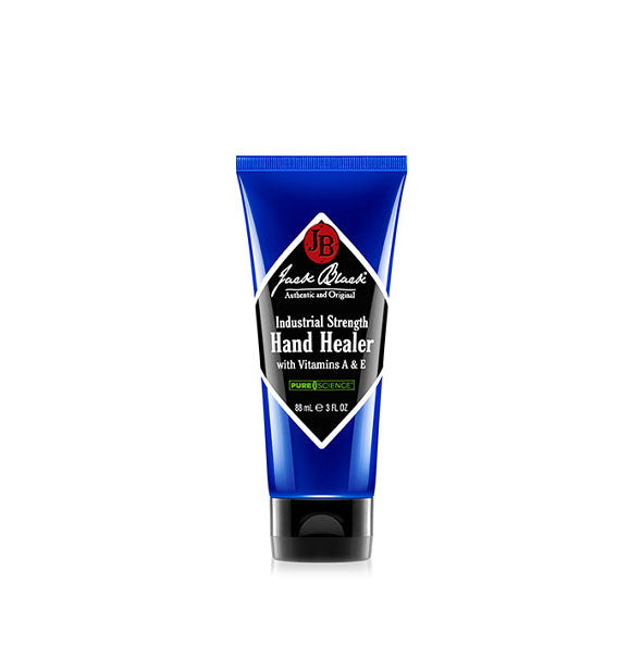 Blue 3 ounce bottle of Jack Black Industrial Strength Hand Healer with diamond-shaped white and black label with red accents