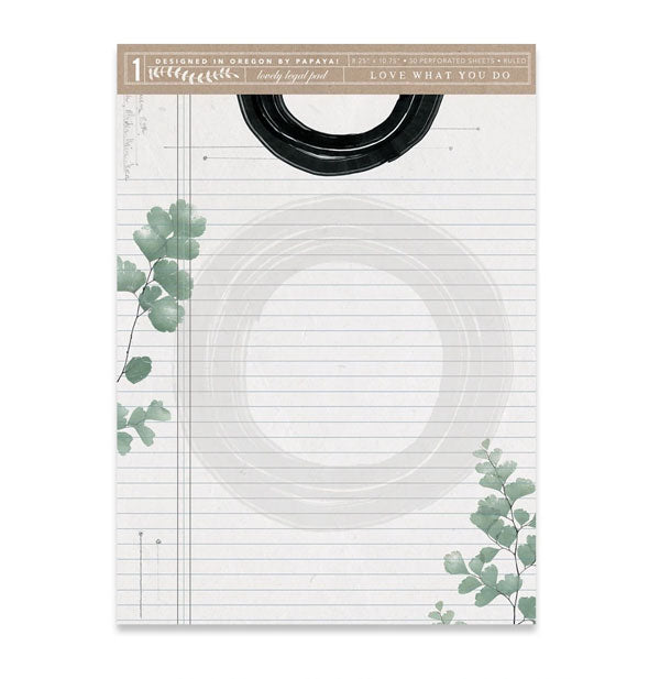 Lined legal pad with decorative leaves and black brushstroke accent