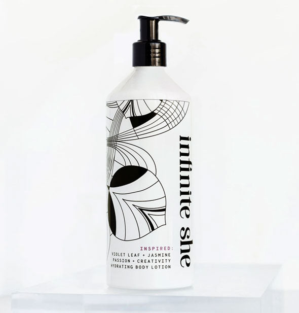 14 ounce pump bottle of Infinite She Inspired Violet Leaf + Jasmine Hydrating Body Lotion