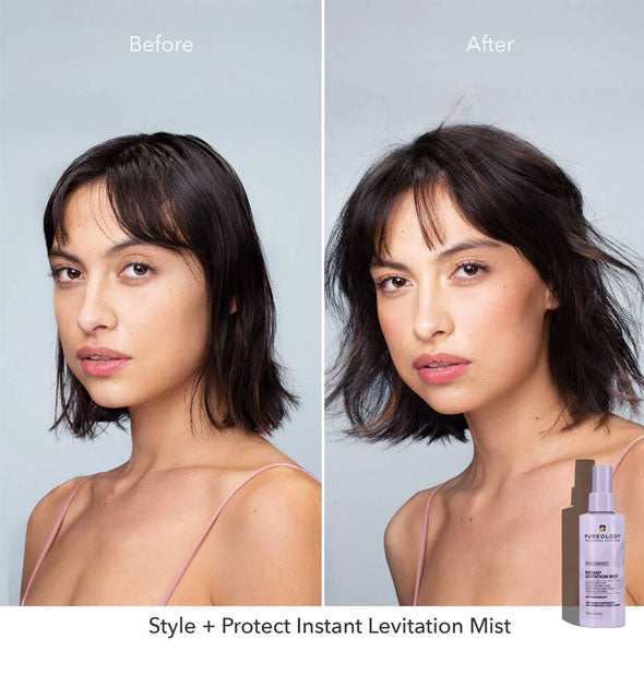 Before and after results of using Pureology Style + Protect Instant Levitation Mist