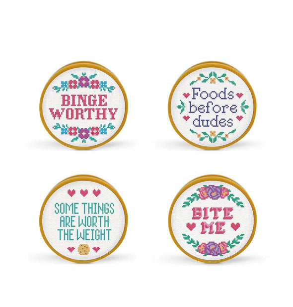 Binge Worthy, Foods Before Dudes, Some Things Are Worth the Weight, and Bite Me cross-stitch style round bag clips