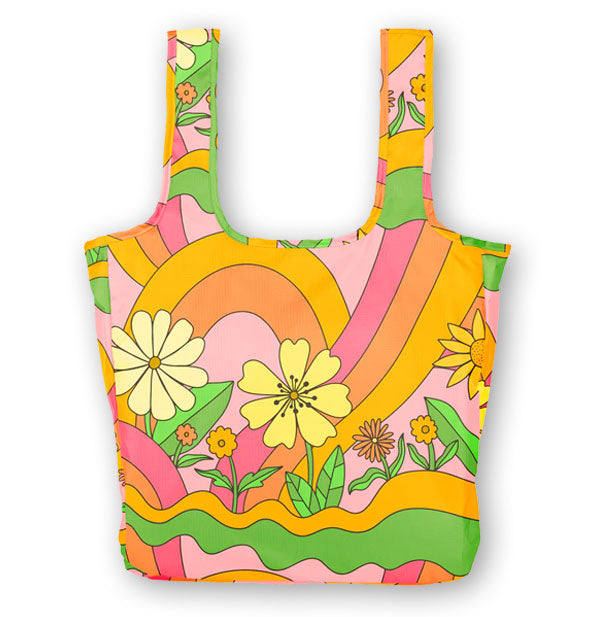 Large tote bag with bold, colorful, retro-style floral and rainbow print in orange, yellow, green, and pink shades