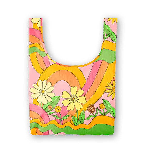 Medium tote bag with bold, colorful, retro-style floral and rainbow print in orange, yellow, green, and pink shades