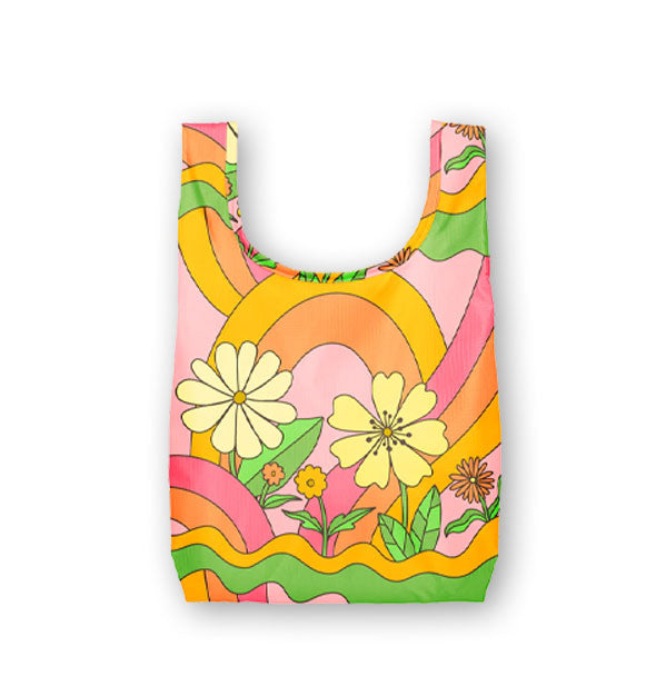 Small tote bag with bold, colorful, retro-style floral and rainbow print in orange, yellow, green, and pink shades