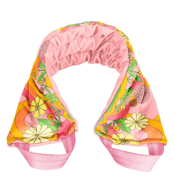 Colorful retro-style floral print neck wrap with ruched pink underside and pink canvas handles