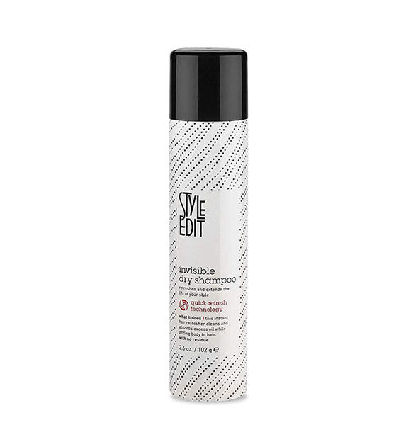 White 3.6 ounce can of Style Edit Invisible Dry Shampoo with dotted line design