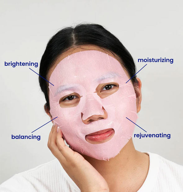 Model wearing pink sheet mask with labeled benefits: Brightening, balancing, moisturizing, rejuvenating
