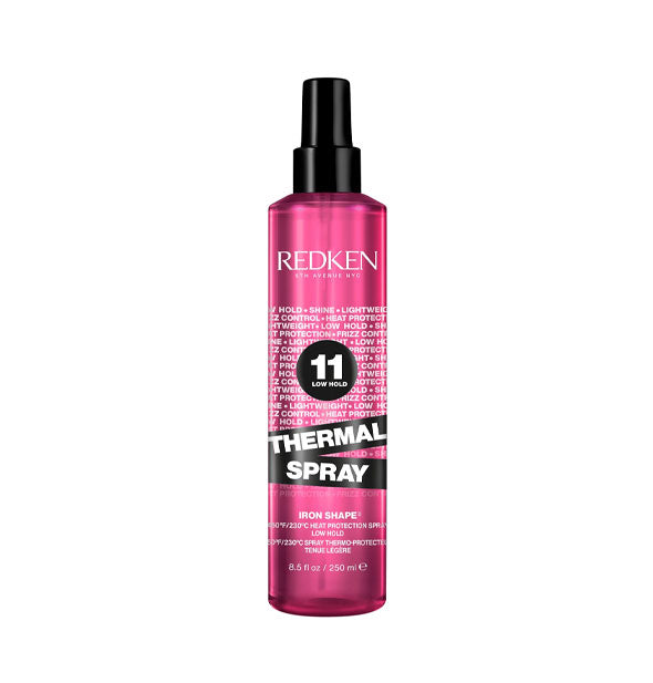 Pink, black, and white 8.5 ounce bottle of Redken Thermal Spray