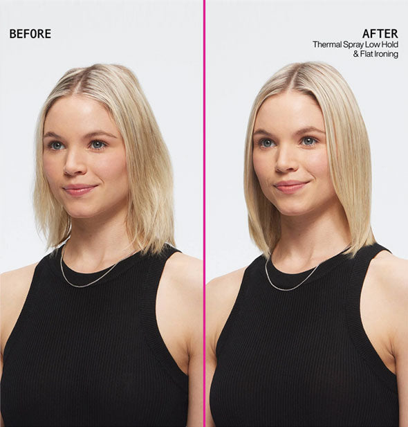 Side-by-side comparison of model's hair before and after styling with Redken Thermal Spray