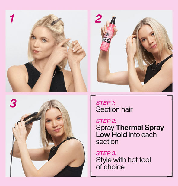 Three-step styling instructions with pictures: Section hair, spray Thermal Spray into each section, style with hot tool of choice