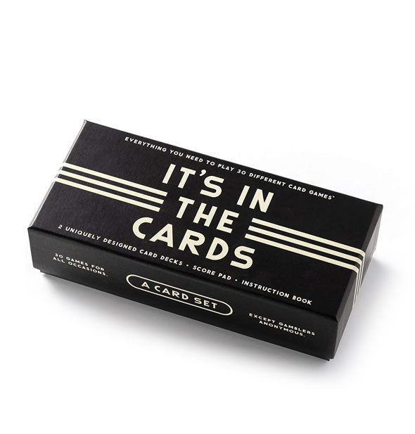 Black and white rectangular playing card box says, "It's in the Cards"