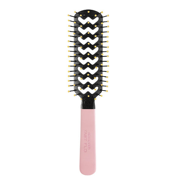 Vented hairbrush features zigzag vent pattern in paddle, pink handle, and yellow bristle ball tips