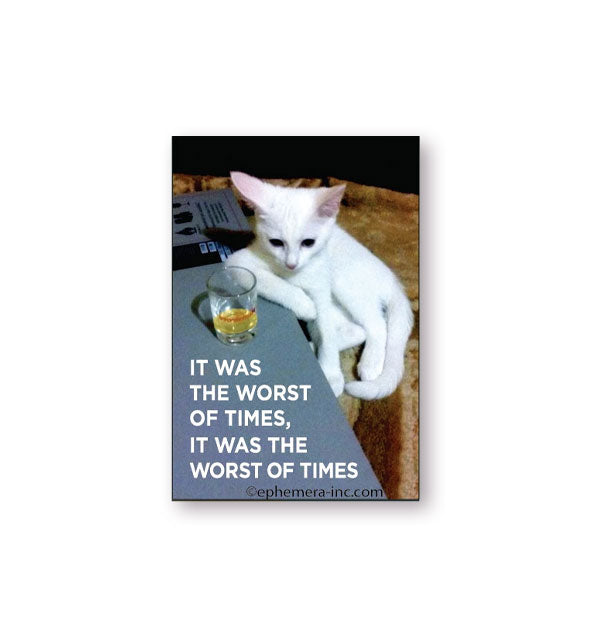 Rectangular magnet with image of a sad-looking white kitten leaning against a bar in front of a shot glass says, "It was the worst of times, it was the worst of times"