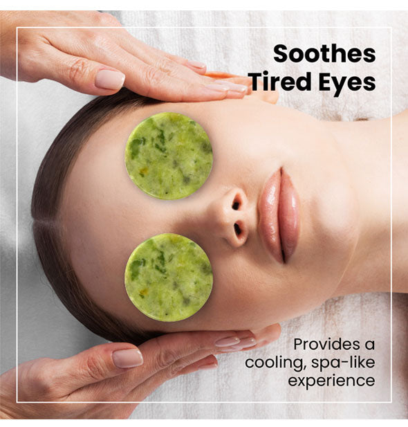 Model applies hands to the temples of another model who is demonstrating use of the Jade Eye Patches over eyes; image is captioned, "Soothes Tired Eyes: Provides a cooling, spa-like experience"