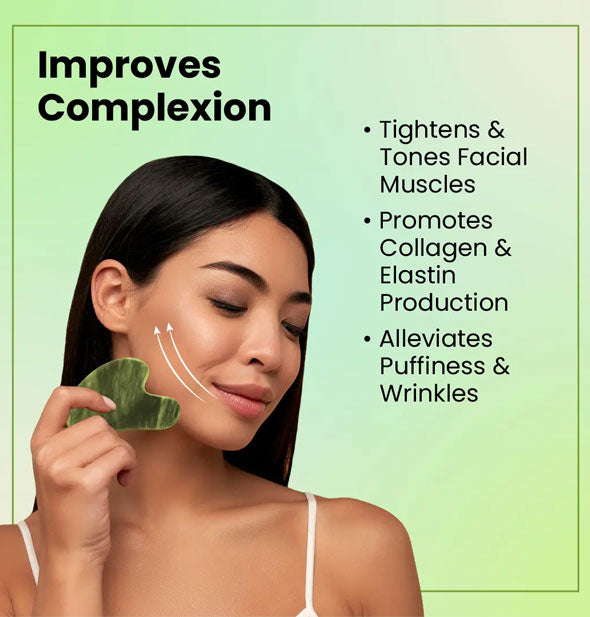 Diagram outlines some benefits of the jade Gua Sha tool for complexion: Tightens & tones facial muscles, promotes collagen & elastin production, alleviates puffiness & wrinkles