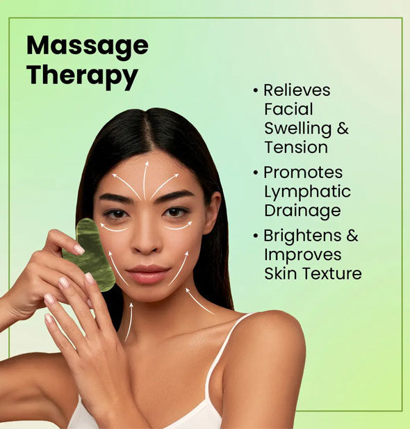 Diagram illustrates the therapeutic massage benefits of jade Gua Sha: Relieves facial swelling & tension, promotes lymphatic drainage, brightens & improves skin texture
