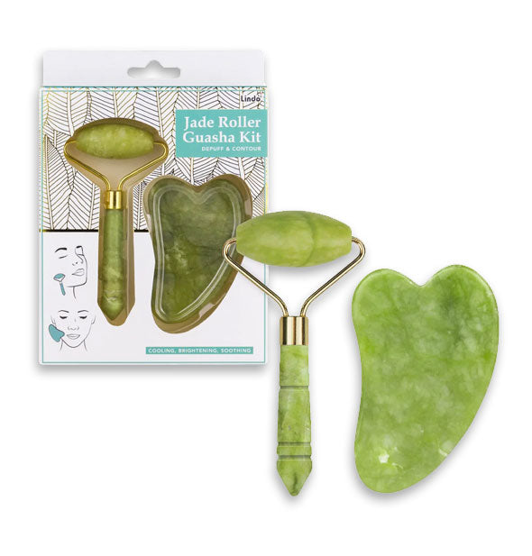Jade Roller Gua Sha Kit shown in and out of box packaging