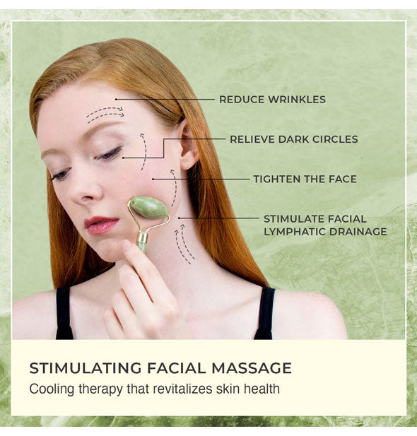 Illustrated diagram for the stimulating & facial massage benefits of the jade roller