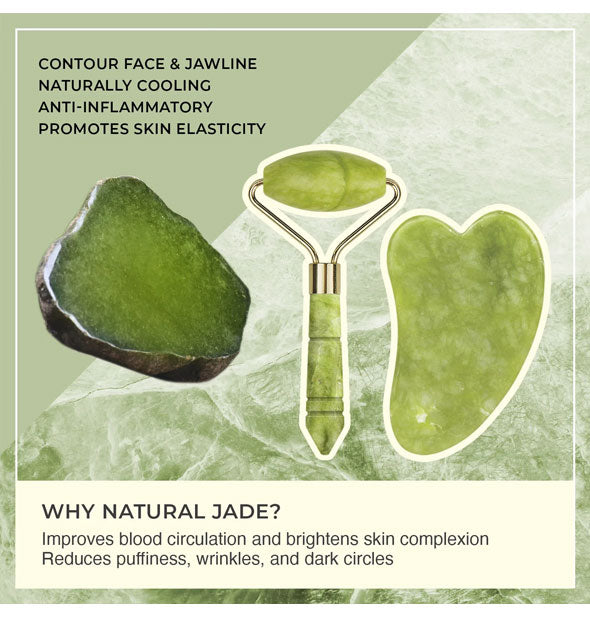 Diagram outlining the benefits of using natural jade facial massagers: Circulation, complexion, puffiness, wrinkles, and dark circles are said to be improved