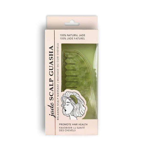 Jade Scalp Gua Sha tool with wide teeth shown through clear window in pink packaging