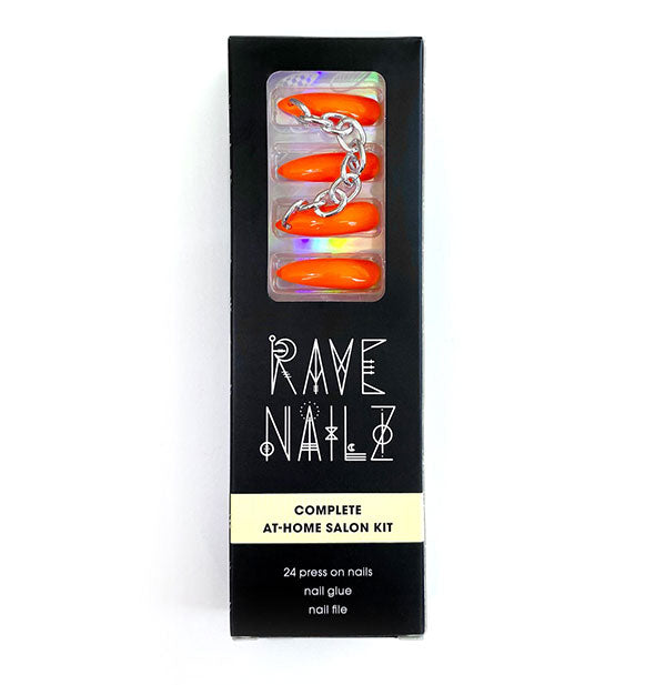 Rectangular pack of Rave Nailz contains long orange press-on nails, two of which are joined by a silver chain