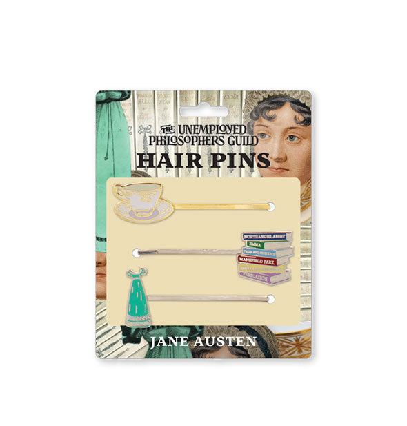 Set of three Jane Austen-themed Hair Pins by The Unemployed Philosophers Guild on an illustrated product card