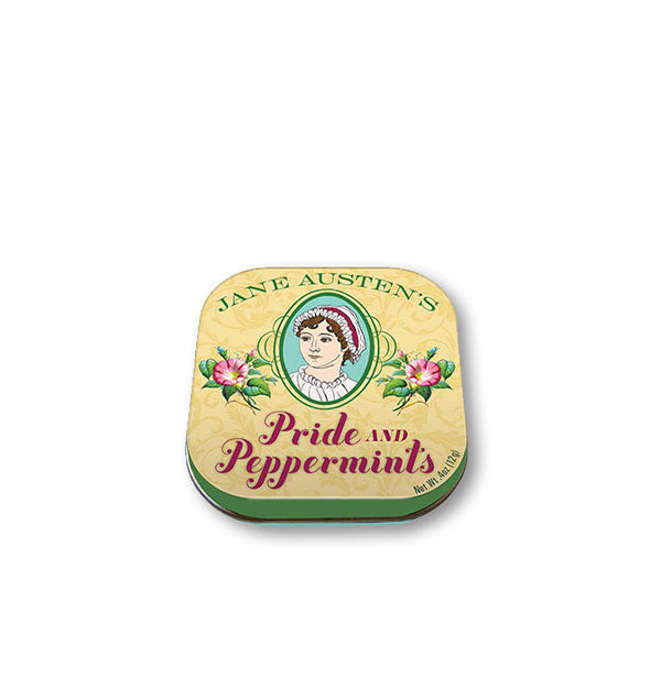 Tin of Jane Austen's Pride and Peppermints with illustrated portrait of the author
