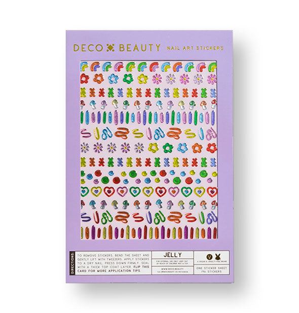 Lilac purple box of Deco Beauty Nail Art Stickers in Jelly edition featuring colorful rainbows, hearts, squiggles, and other designs