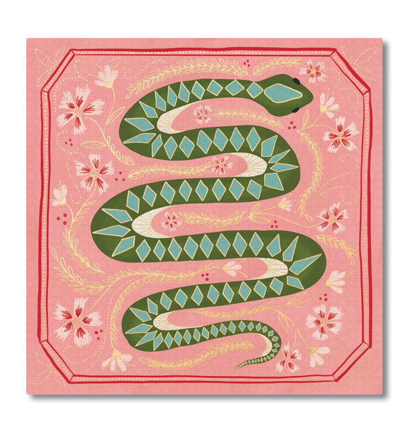 Completed snake jigsaw puzzle with floral accents