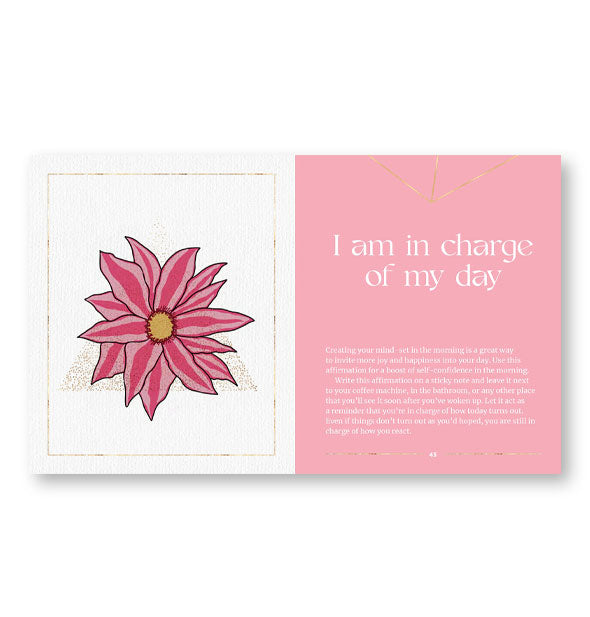 Page spread from Joy: 100 Affirmations for Happiness features a section titled, "I am in charge of my day" alongside flower illustration