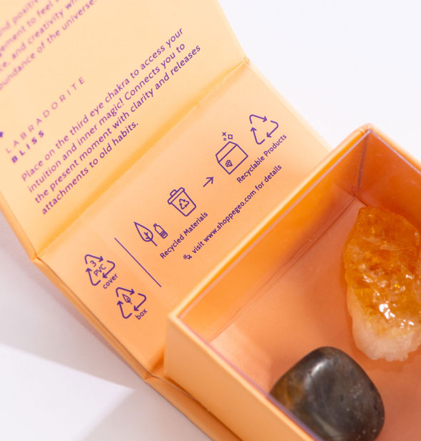 Crystal Magic Mini Energy Set box shown open to reveal printed infographics and stones inside