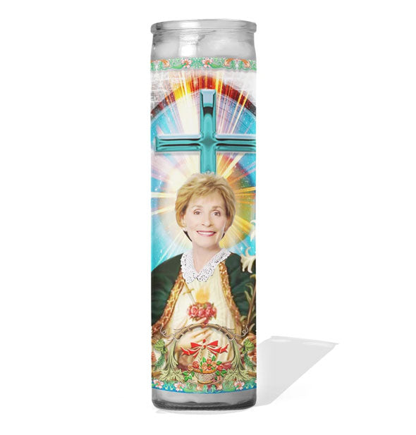 Glass cathedral style prayer candle with image of Judge Judy portrayed as a saint