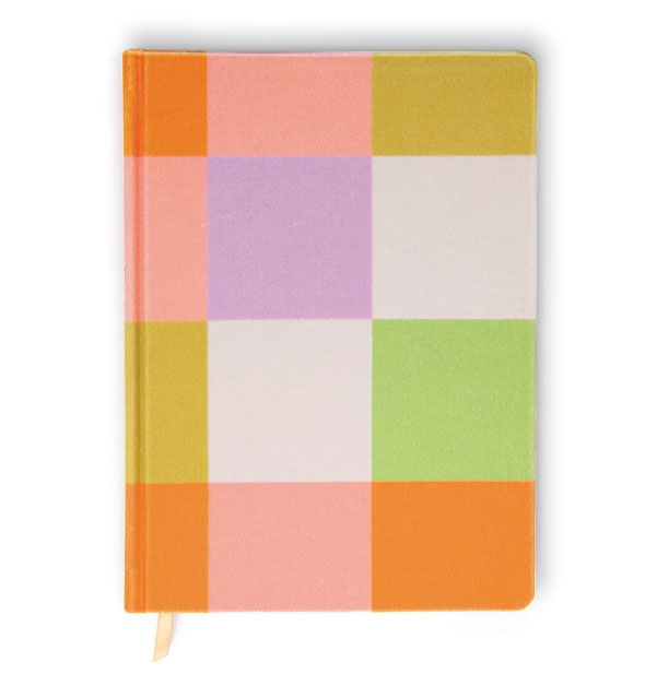 Journal with a multicolored checker print cover design and an orange ribbon bookmark extending from bottom
