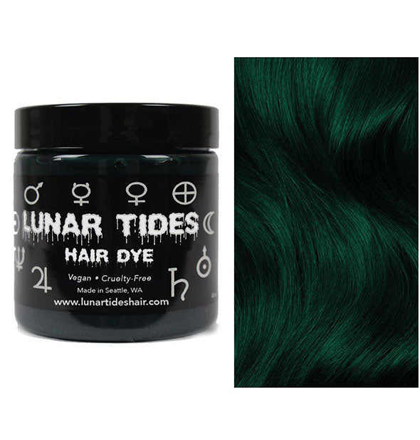 Lunar Tides Hair Dye pot shown in a dark forest shade Juniper Green