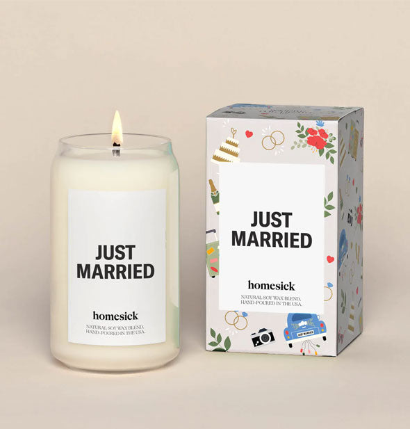 Lit "Just Married" candle by Homesick with minimalist black and white label next to box featuring colorful wedding-themed illustrations