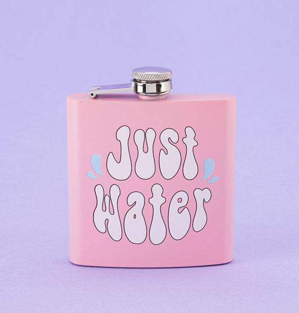 Square pink flask on purple background says, "Just Water" in white bubble lettering with blue droplet graphics