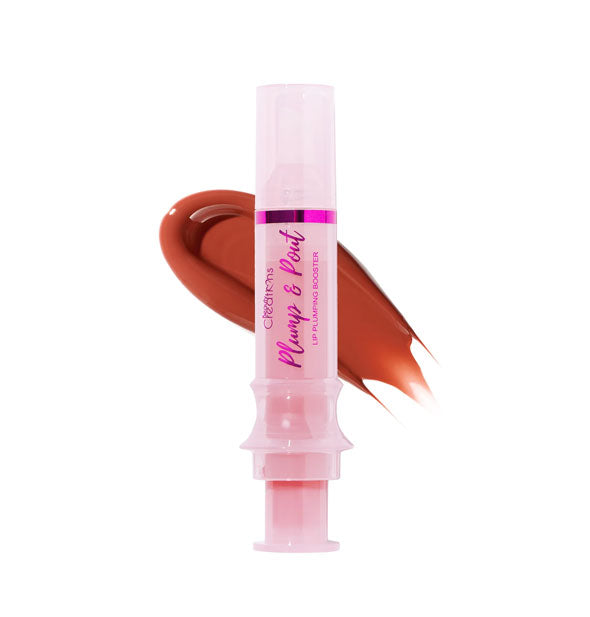 Tube of Plump & Pout Lip Plumping Booster with color swatch behind in the shade Keeper (Warm Spice)