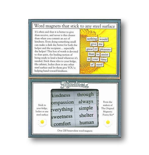 Kindness by Magnetic Poetry Kit box interior shows some sample word tiles